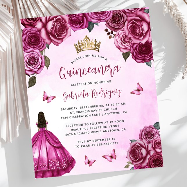 Convite de Quinceañera Floral Rosa Fúcsia Orçament (Criador carregado)