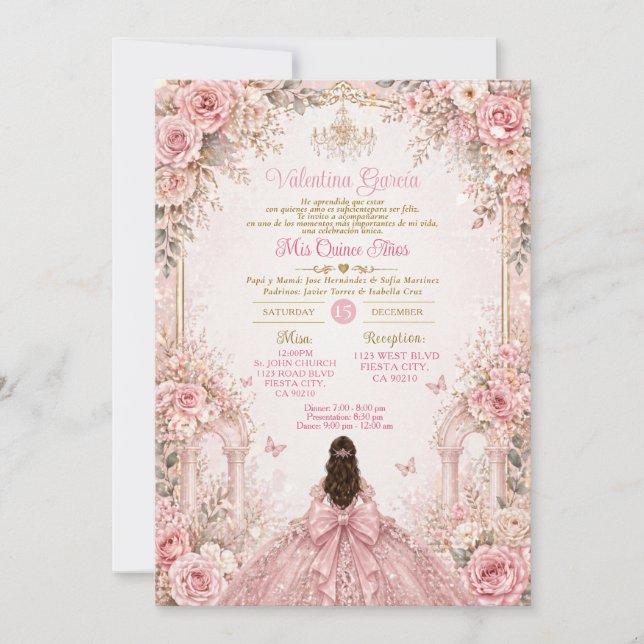 Convite de Quinceañera Floral Rosa Jardim (Frente)