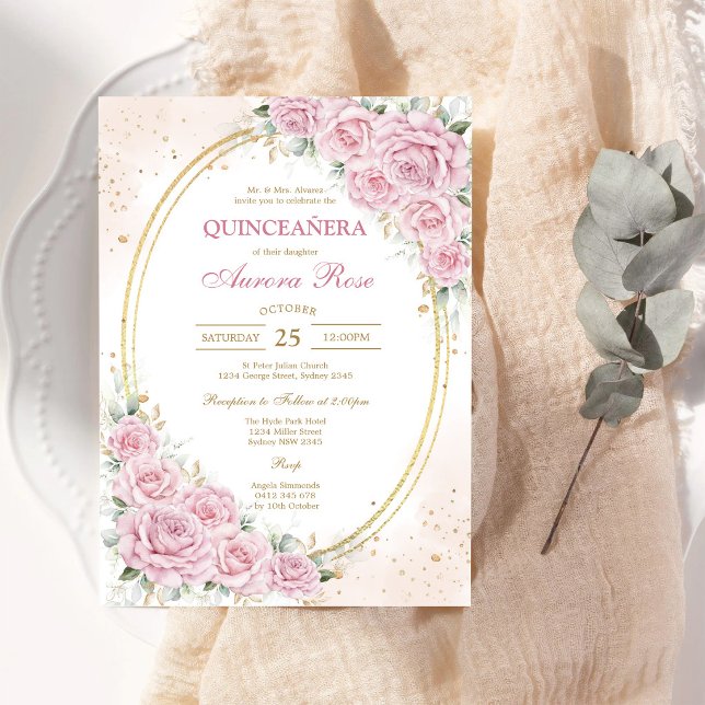 Convite de Quinceanera Floral Rosa Moderno (Criador carregado)