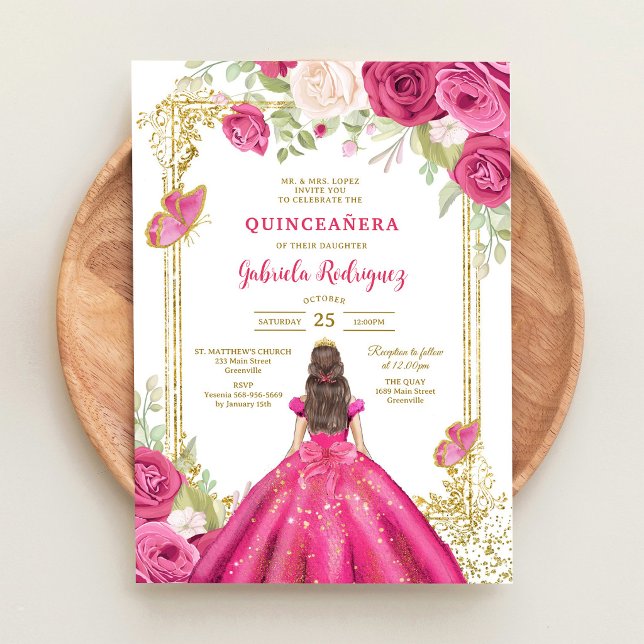 Convite de Quinceanera Floral Rosa Moderno (Criador carregado)