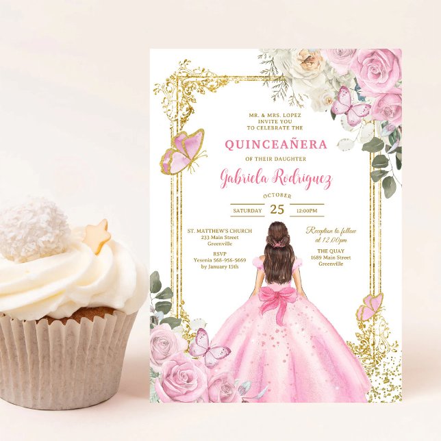Convite de Quinceanera Floral Rosa Moderno (Criador carregado)