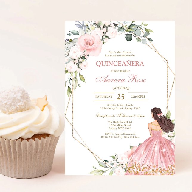 Convite de Quinceanera Floral Rosa Moderno (Criador carregado)