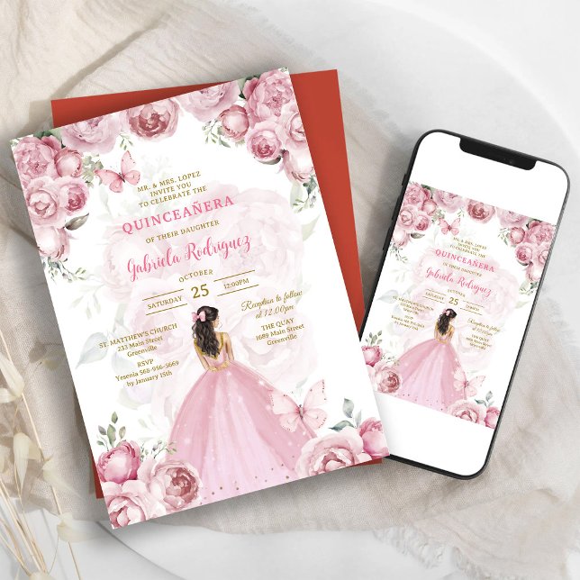 Convite de Quinceanera Floral Rosa Moderno (Criador carregado)