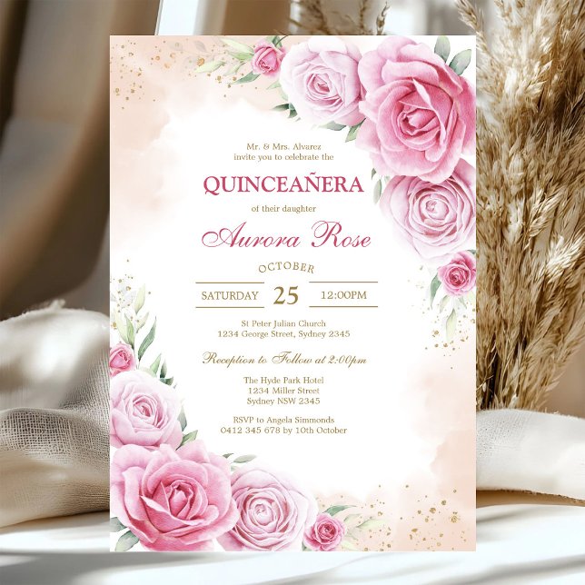 Convite de Quinceanera Floral Rosa Moderno (Criador carregado)