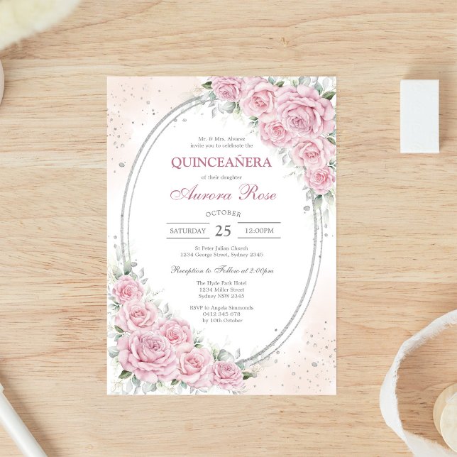 Convite de Quinceanera Floral Rosa Moderno (Criador carregado)