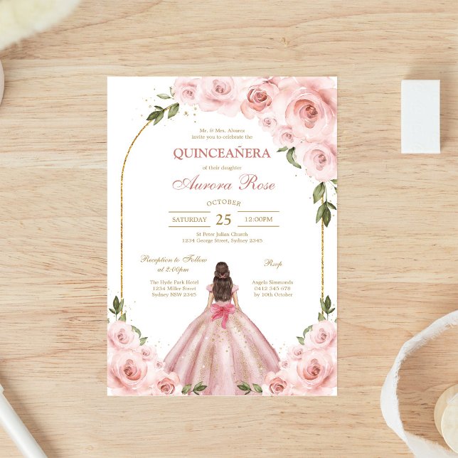 Convite de Quinceanera Floral Rosa Moderno (Criador carregado)
