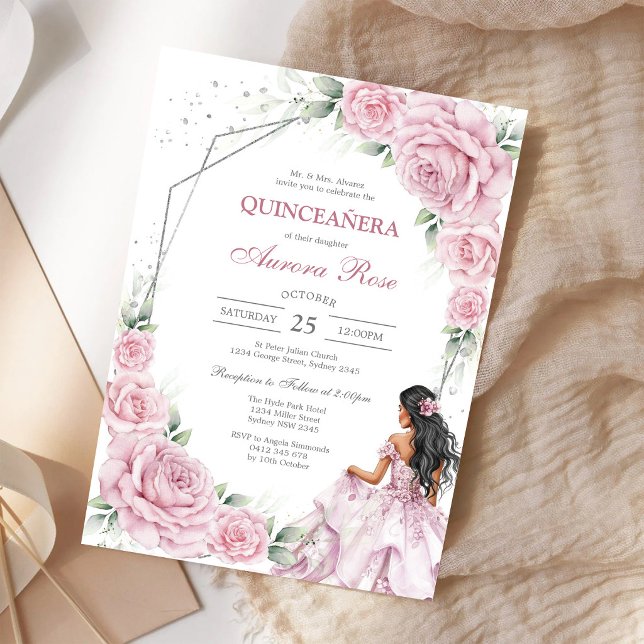 Convite de Quinceanera Floral Rosa Moderno (Criador carregado)