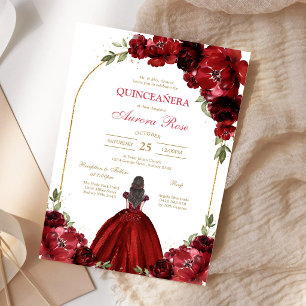Convite de Quinceanera Floral Rosa Vermelha Modern