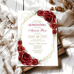 Convite de Quinceanera Floral Rosa Vermelha Modern