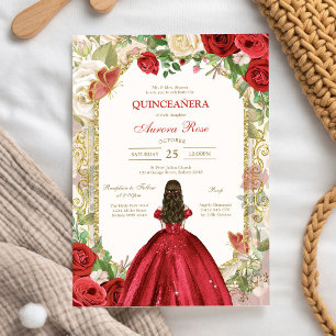 Convite de Quinceanera Floral Rosa Vermelha Modern