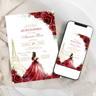 Convite de Quinceanera Floral Rosa Vermelha Modern