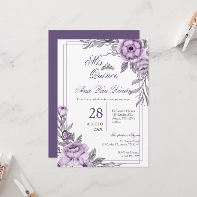 Convite de Quinceanera Floral Roxo (Frente/Verso In Situ)