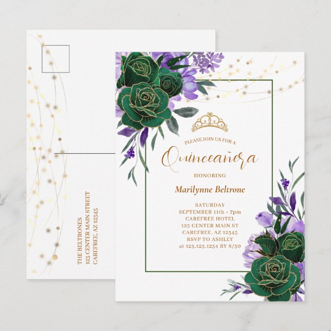 Convite de Quinceañera Floral Roxo Dourado (Frente/Verso)