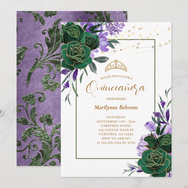 Convite de Quinceañera Floral Roxo Dourado (Frente/Verso)