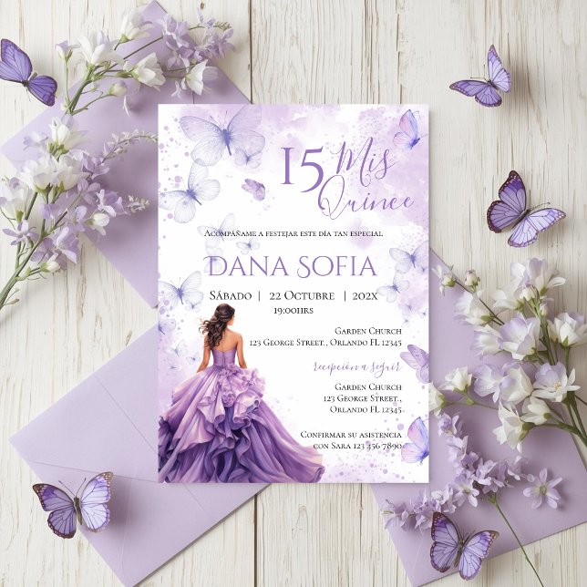 Convite de Quinceañera Floral Roxo em Espanhol (Criador carregado)