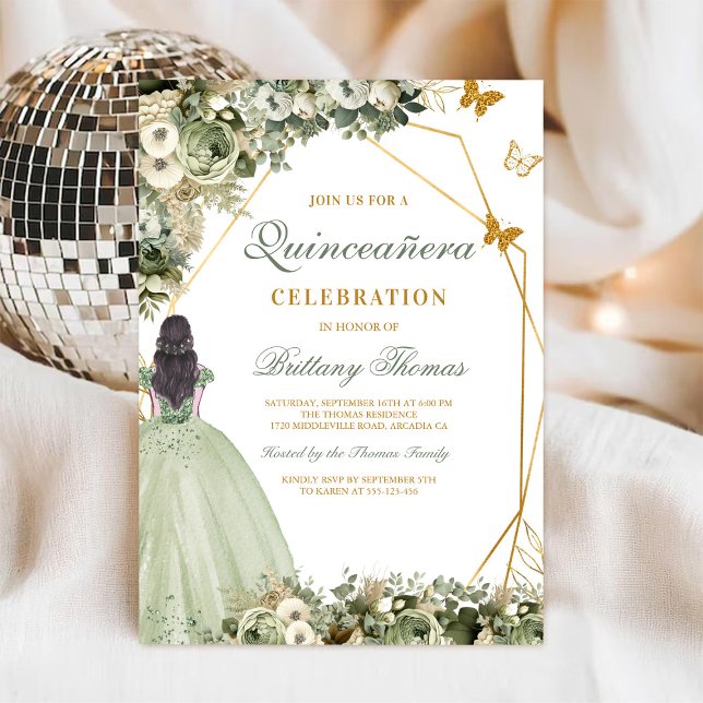 Convite de Quinceanera Floral Verde (Criador carregado)