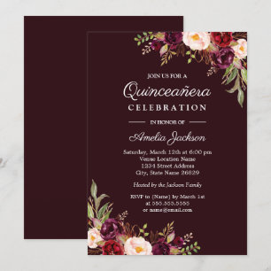Convite de Quinceanera Floral Vermelho Borgonha Pr