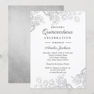 Convite de Quinceanera Floral Vintage Prata Elegan
