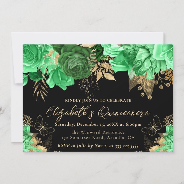 Convite de Quinceanera Flores Verde e Dourado em A (Frente)