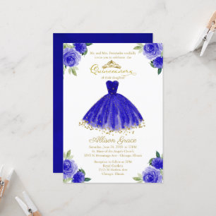 Convite de Quinceanera Folha Dourada Vestido Azul 