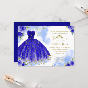 Convite de Quinceanera Folha Dourada Vestido Azul