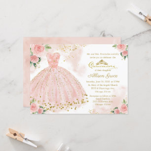 Convite de Quinceanera Folha Dourada Vestido Rosa 