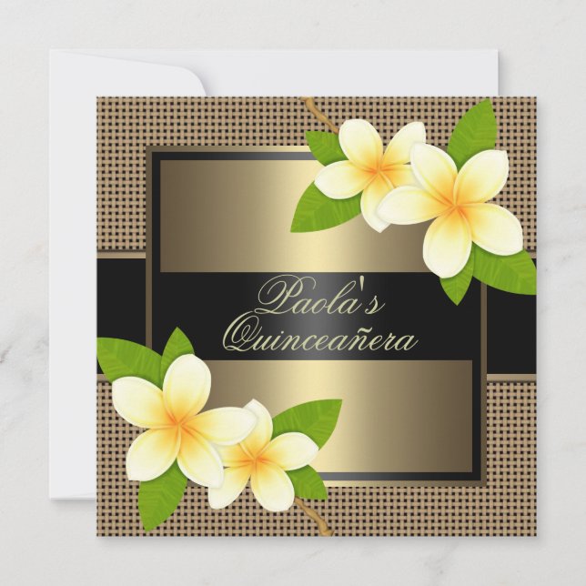 Convite de Quinceañera Frangipani Preto e Dourado (Frente)