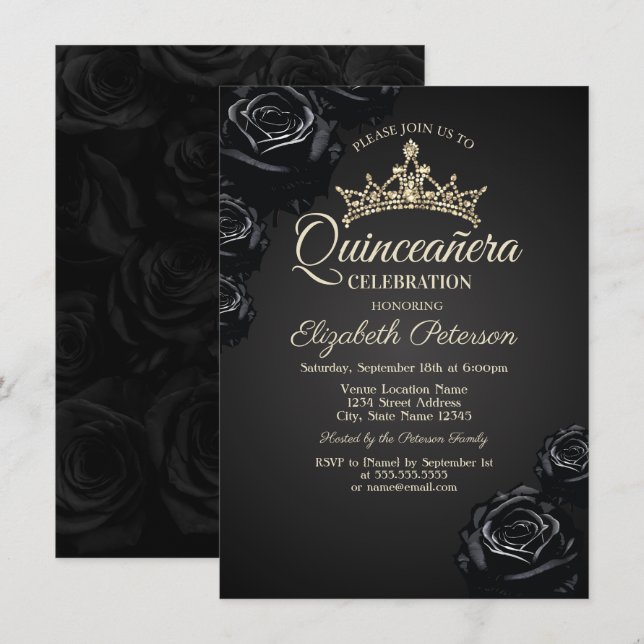 Convite de Quinceañera Gótico de Rosas Pretas Eleg (Frente/Verso)