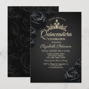 Convite de Quinceañera Gótico de Rosas Pretas Eleg