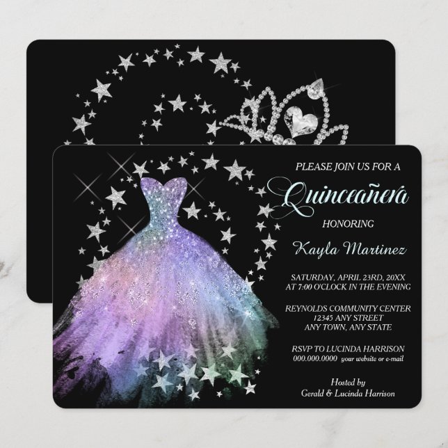 Convite de Quinceanera Lavanda Azul de Shimmer (Frente/Verso)