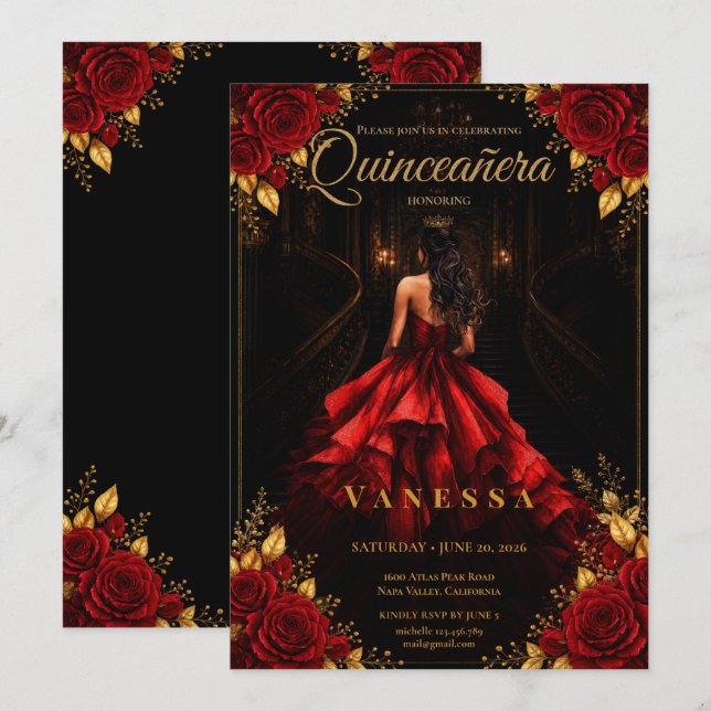 Convite de Quinceanera Leia e Dourado (Frente/Verso)