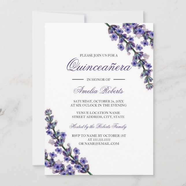 Convite de Quinceanera Lilás Roxo Elegante (Frente)