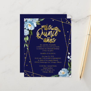 Convite de Quinceanera Luxo Folha Dourada Azul Esc