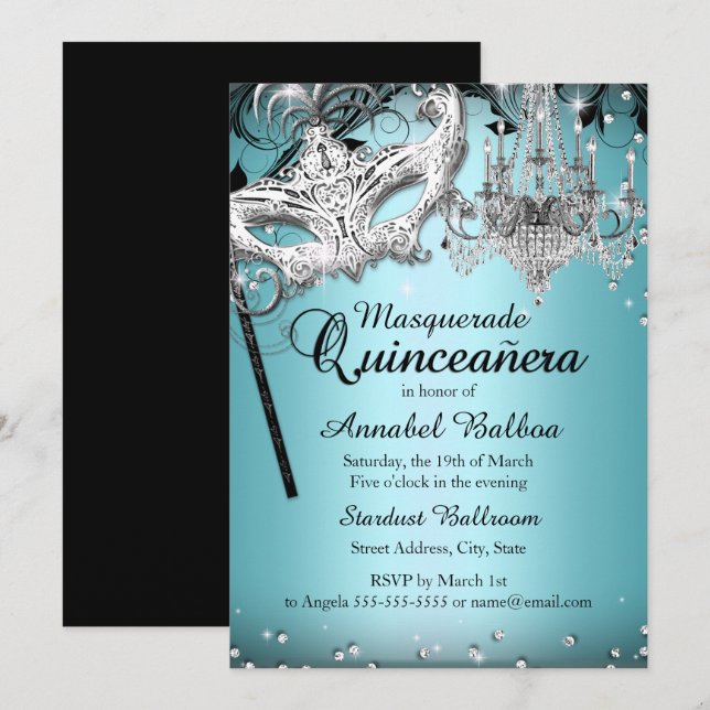 Convite de Quinceanera Máscara de Lustre Azul (Frente/Verso)