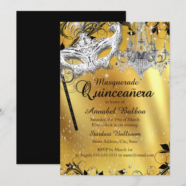 Convite de Quinceanera Máscara Dourada Lustre (Frente/Verso)