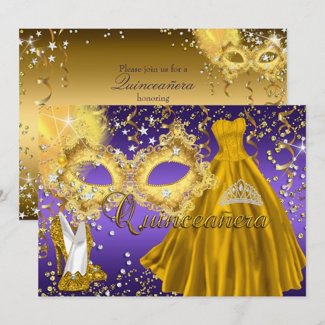 Convite de Quinceanera Máscara Roxa Dourada Máscar (Frente/Verso)