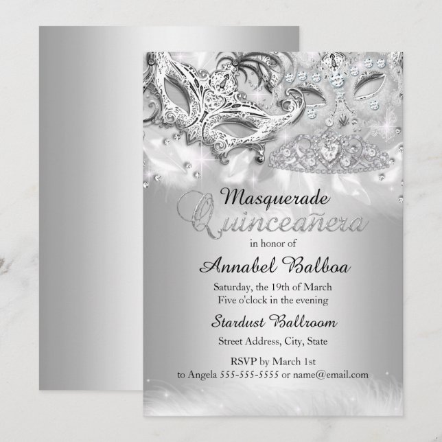 Convite de Quinceanera Mascarada Brilho de Prata (Frente/Verso)