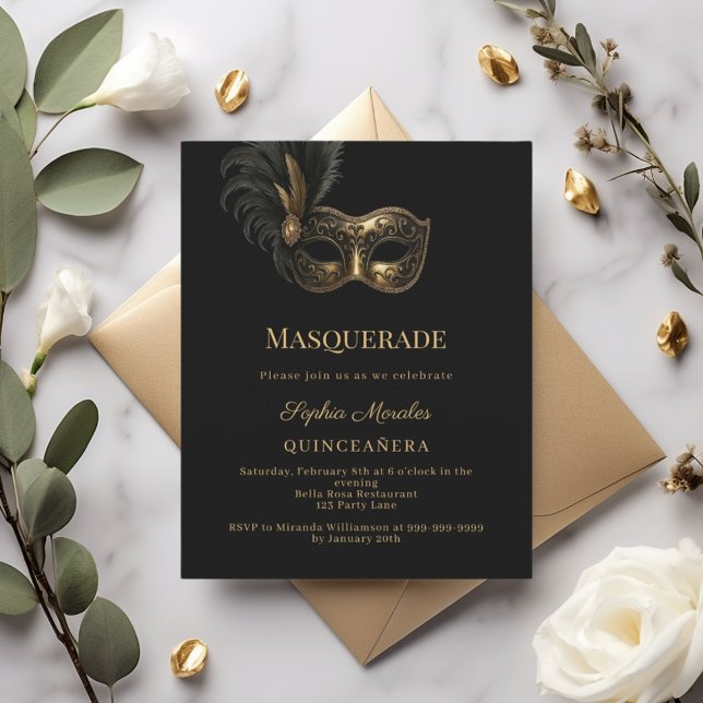 Convite de Quinceanera mascarada de ouro preto (Criador carregado)