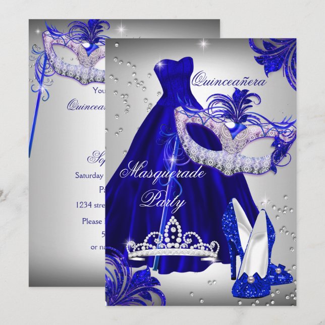 Convite de Quinceanera mascarado de vestido pratea (Frente/Verso)