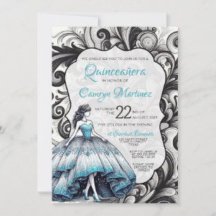 Convite de Quinceañera Menina Azul-Turquesa