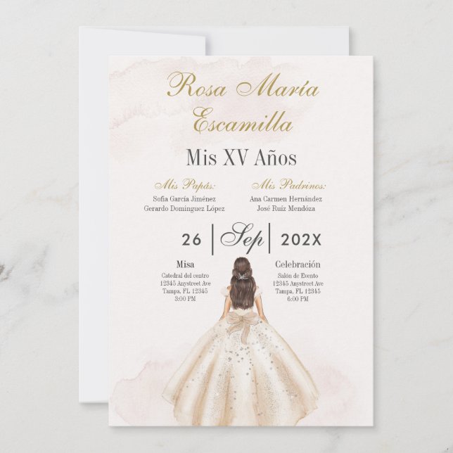 Convite de Quinceañera minimalista bege (Frente)