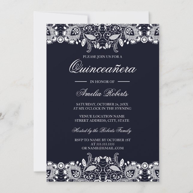 Convite de Quinceanera Navy com Renda Branca Vinta (Frente)