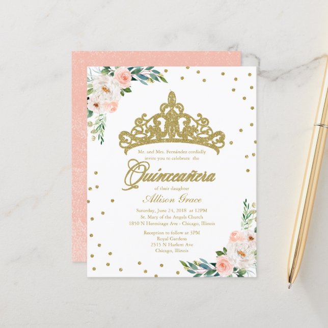 Convite de Quinceanera Orçamento Coroa de Ouro (Frente/Verso In Situ)