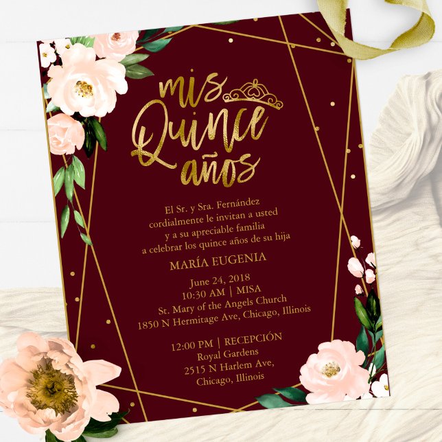 Convite de Quinceanera Orçamento Espanhol Borgonha (Criador carregado)