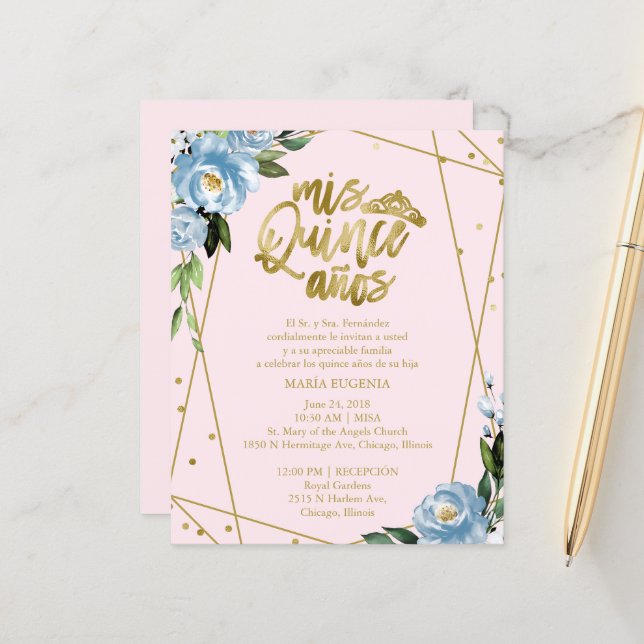 Convite de Quinceanera Orçamento Espanhol Rosa Azu (Frente/Verso In Situ)