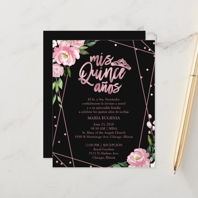 Convite de Quinceanera Orçamento Espanhol Rosa Pre (Frente/Verso In Situ)