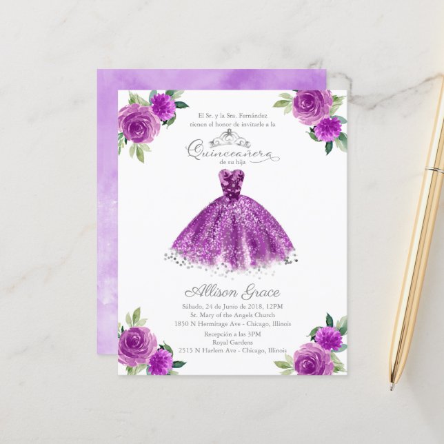 Convite de Quinceanera Orçamento Espanhol Vestido  (Frente/Verso In Situ)