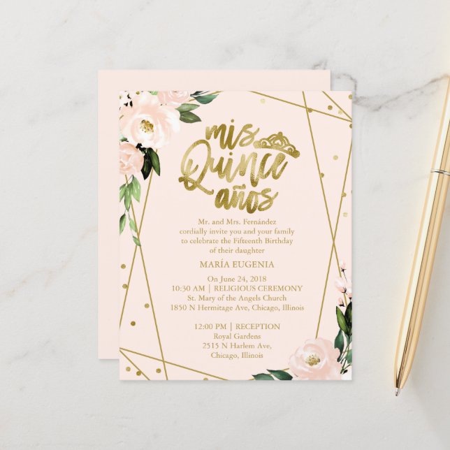 Convite de Quinceanera Orçamento Folha Dourada Ros (Frente/Verso In Situ)