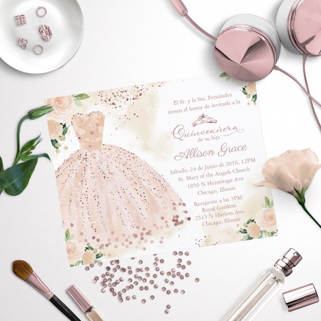 Convite de Quinceanera Orçamento Rosa Dourado Espa (Criador carregado)