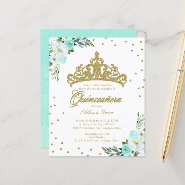 Convite de Quinceanera Orçamento Tiara Dourada Esp (Frente/Verso In Situ)